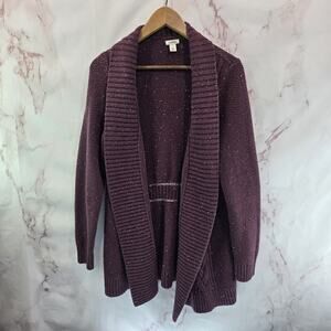 LL Bean Cardigan Womens Large Burgundy Maroon Fleck Speckled Sweater Cotton
